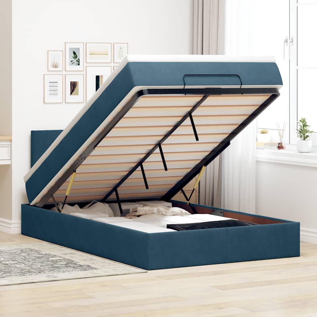 Estrutura cama otomana colchão 120x200cm veludo azul escuro