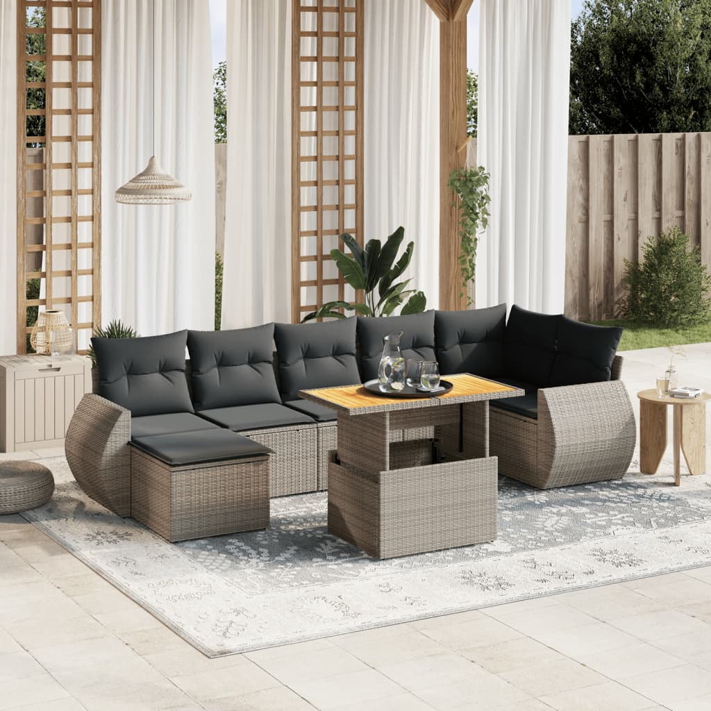 8 Pcs conjunto sofás de jardim c/ almofadões vime PE cinzento