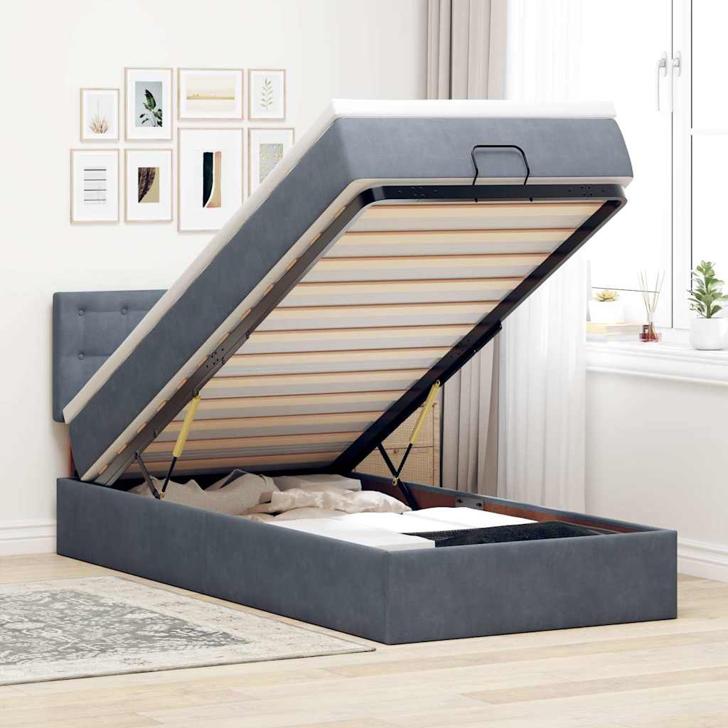 Moldura de cama otomana com colchão cinza escuro veludo