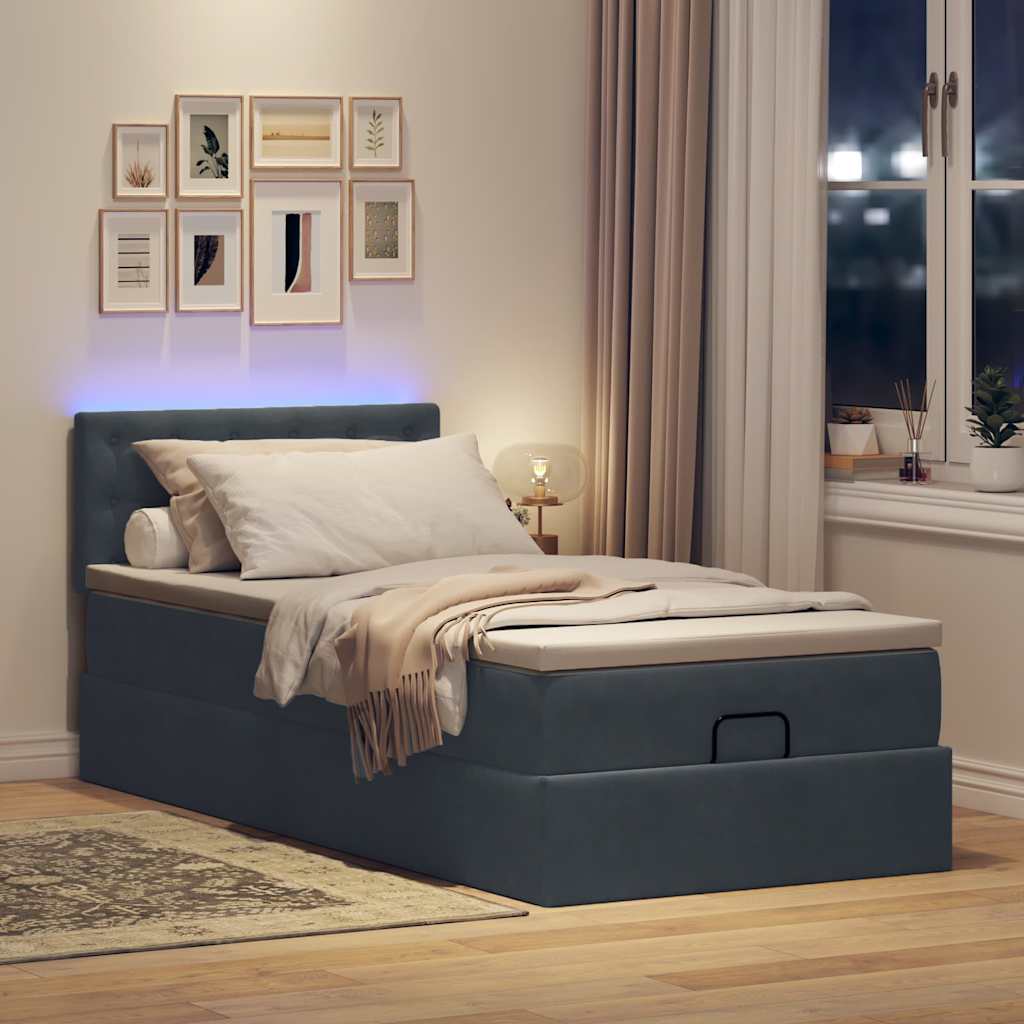 Moldura de cama otomana com colchão cinza escuro veludo