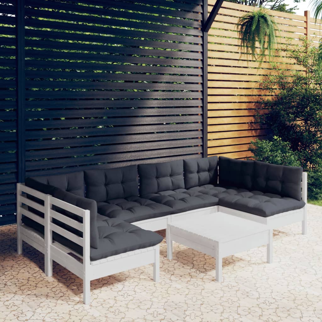 7 Pcs conj. lounge de jardim c/ almofadões pinho maciço branco