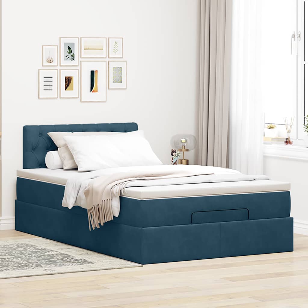 Estrutura cama otomana colchão 120x200cm veludo azul escuro