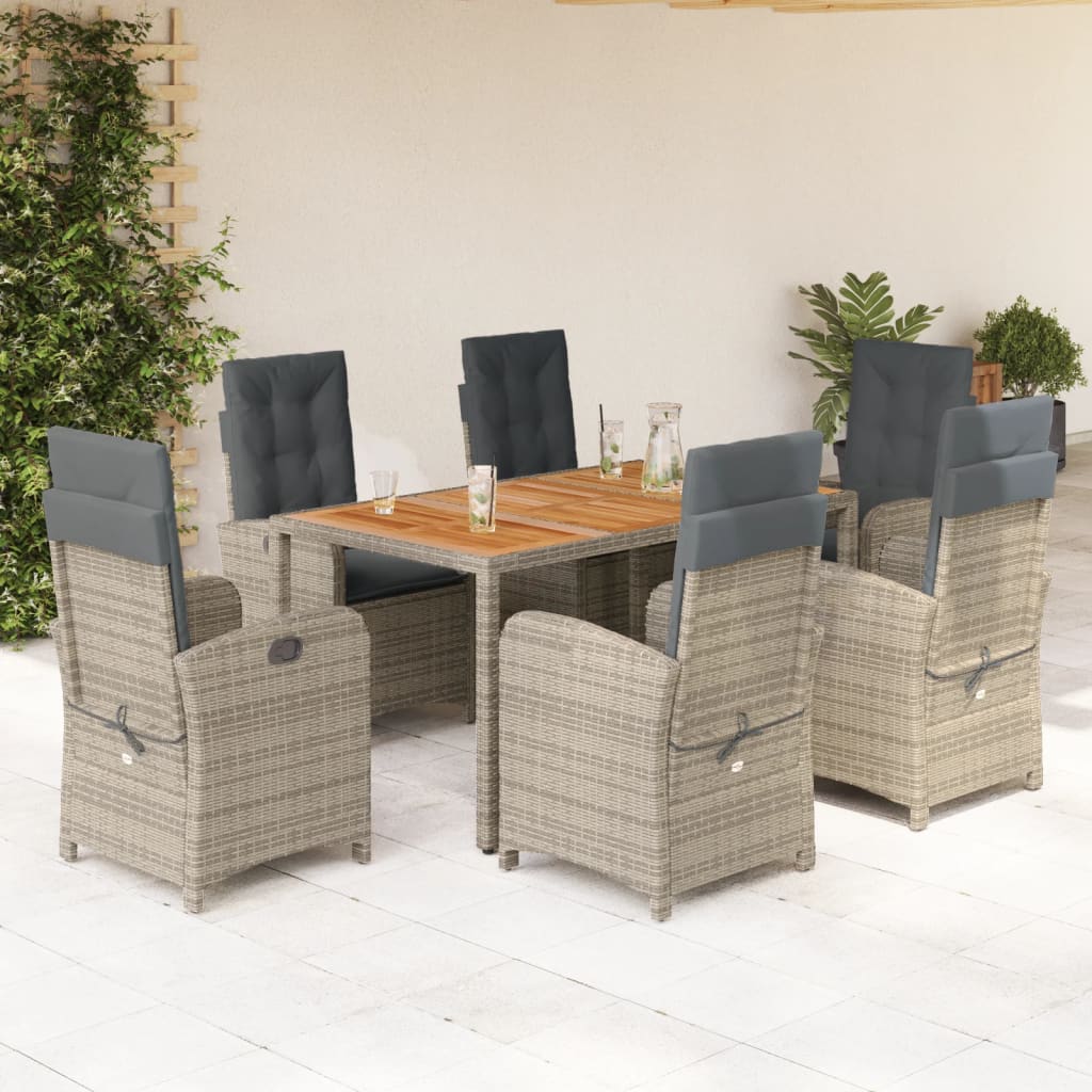 7 Pcs conjunto de jantar p/ jardim c/ almofadões vime PE cinza