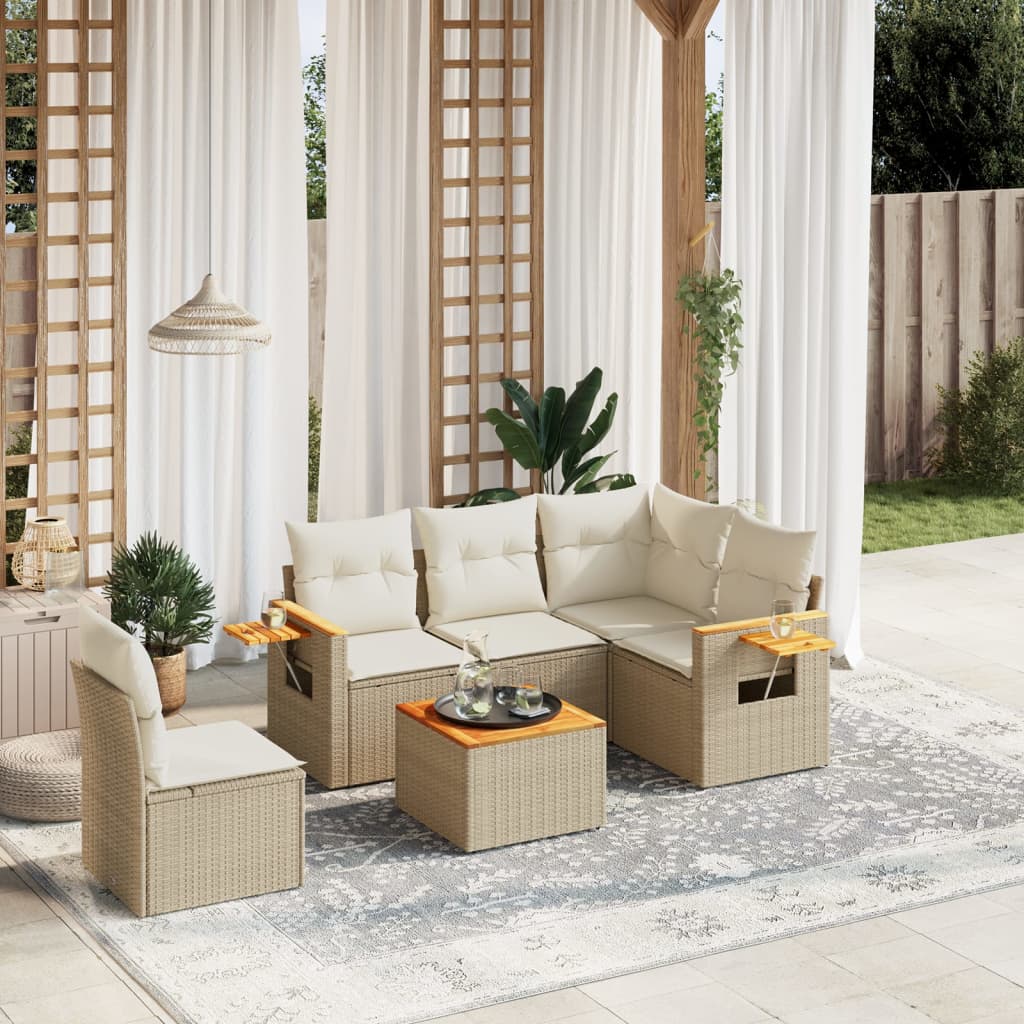 6 Pcs conjunto de sofás p/ jardim com almofadões vime PE bege