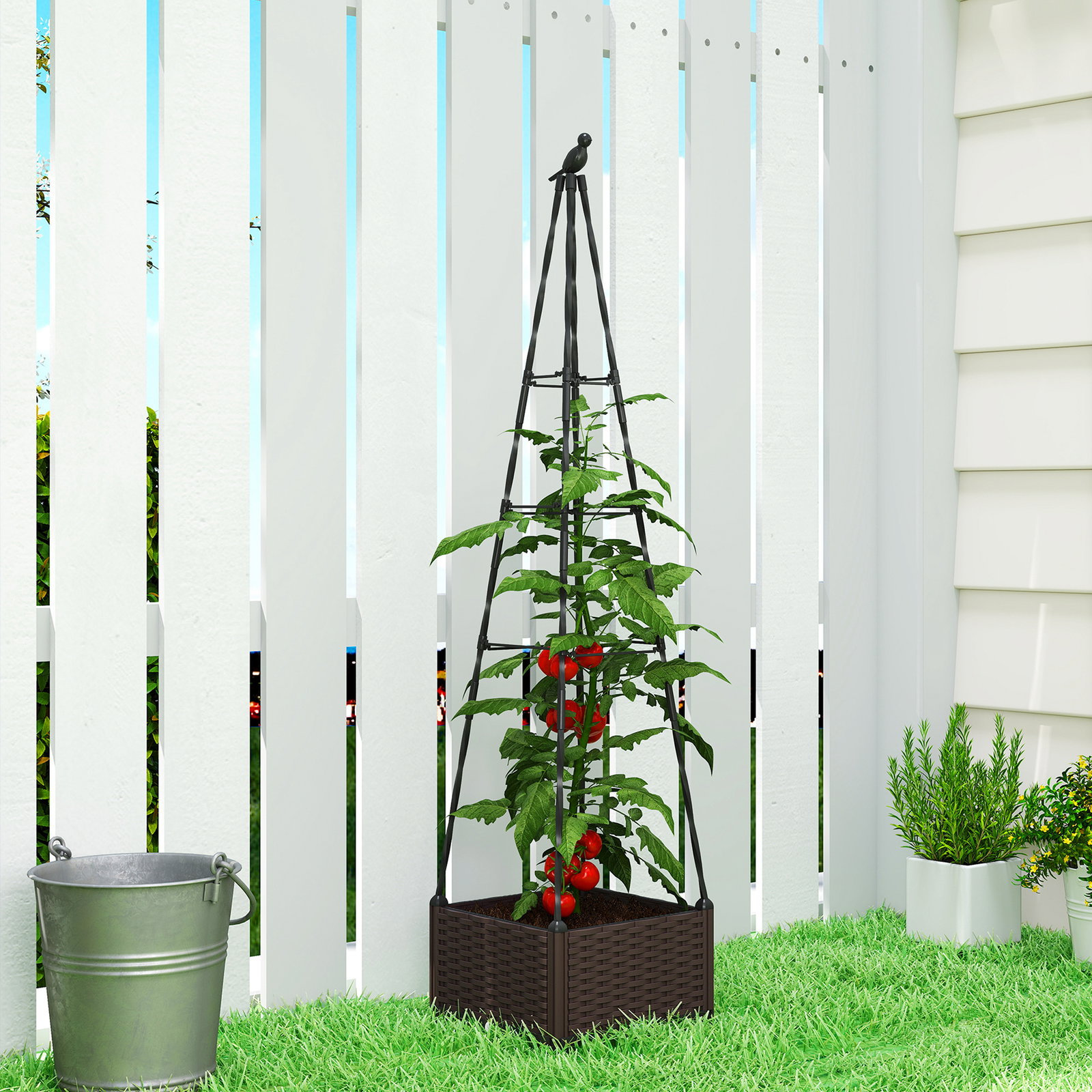 Floreira com treliça metálica para plantas trepadeiras vaso de PP com orifícios de drenagem e tampões 40x40x175 cm preto