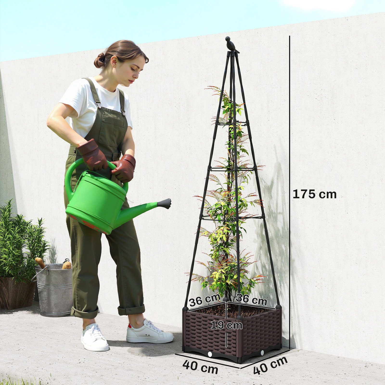 Floreira com treliça metálica para plantas trepadeiras vaso de PP com orifícios de drenagem e tampões 40x40x175 cm preto