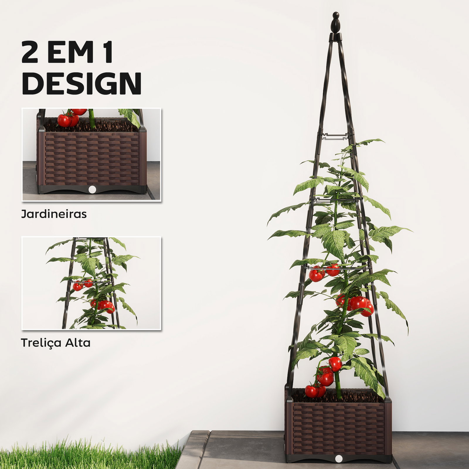 Floreira com treliça metálica para plantas trepadeiras vaso de PP com orifícios de drenagem e tampões 40x40x175 cm preto