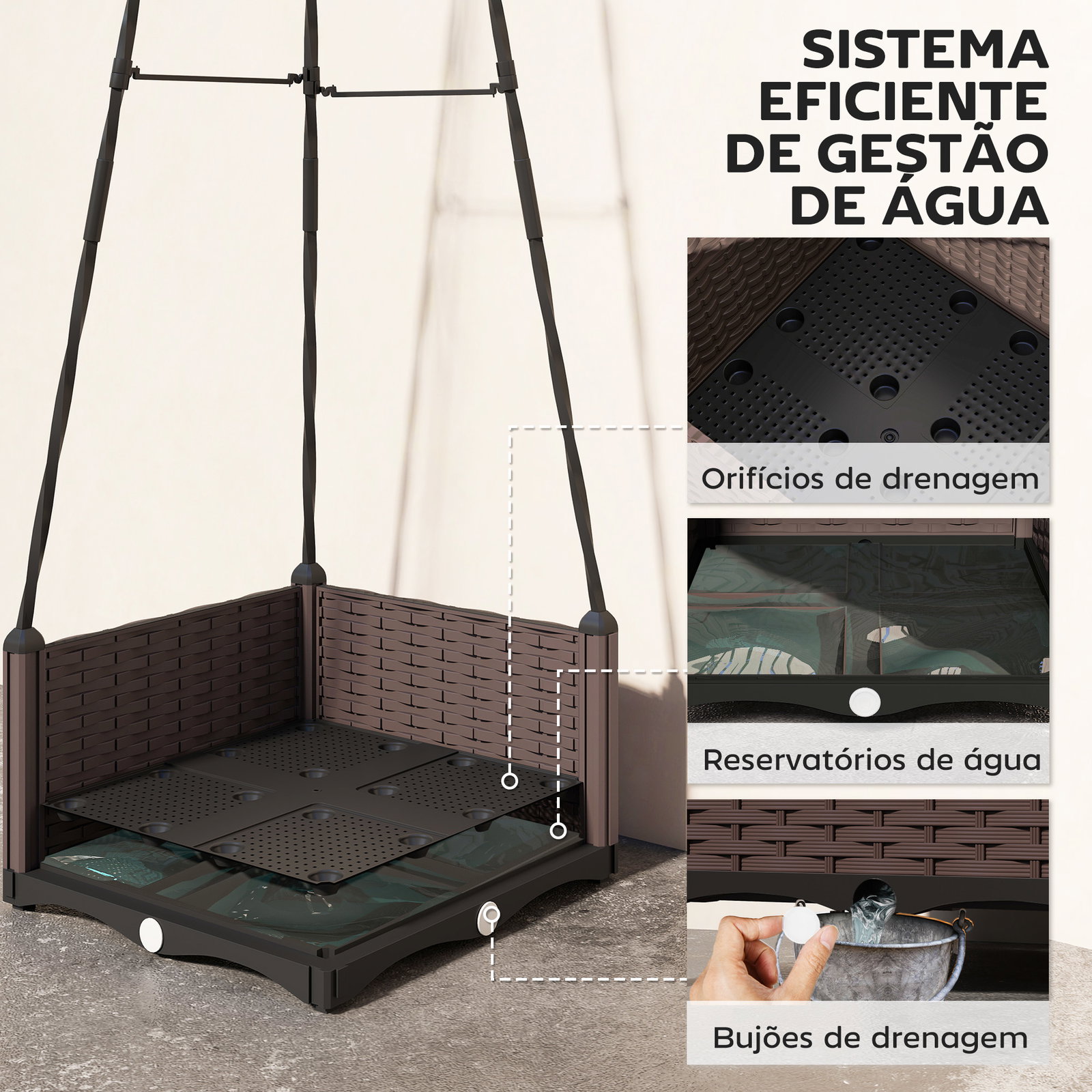 Floreira com treliça metálica para plantas trepadeiras vaso de PP com orifícios de drenagem e tampões 40x40x175 cm preto