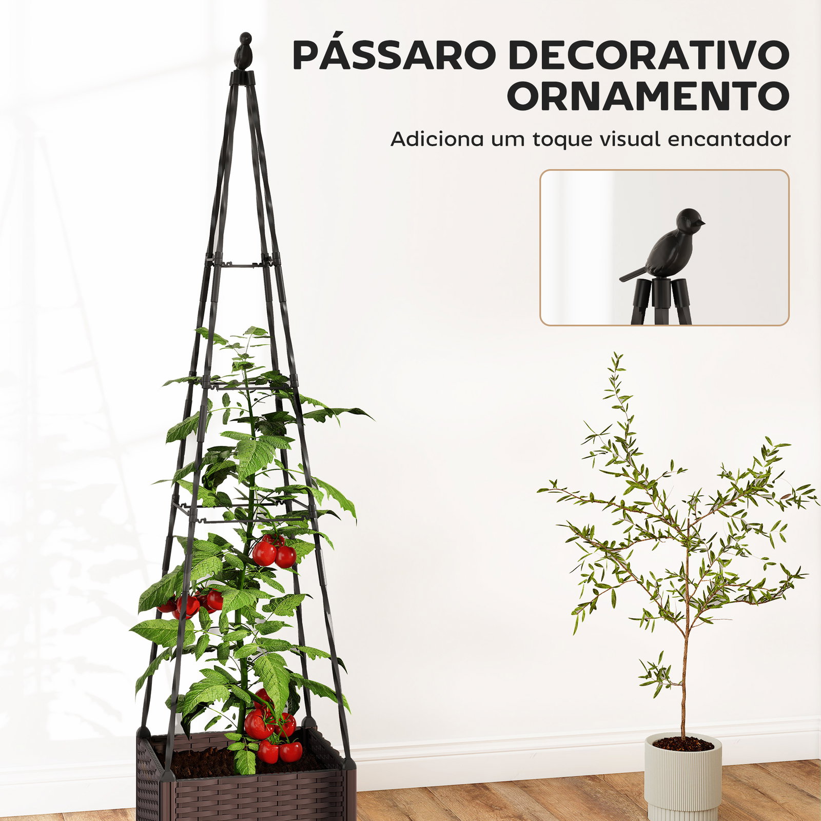 Floreira com treliça metálica para plantas trepadeiras vaso de PP com orifícios de drenagem e tampões 40x40x175 cm preto