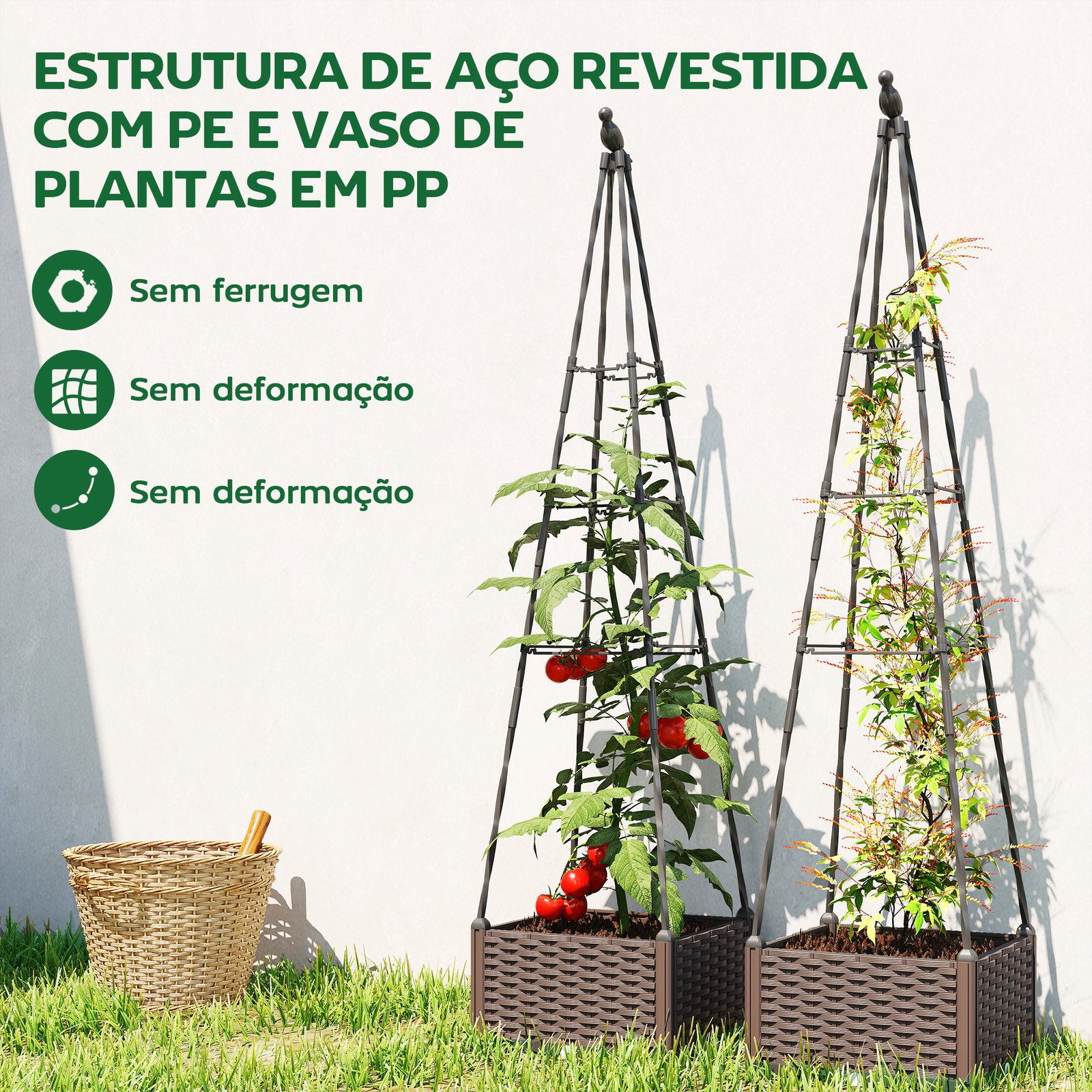 Floreira com treliça metálica para plantas trepadeiras vaso de PP com orifícios de drenagem e tampões 40x40x175 cm preto