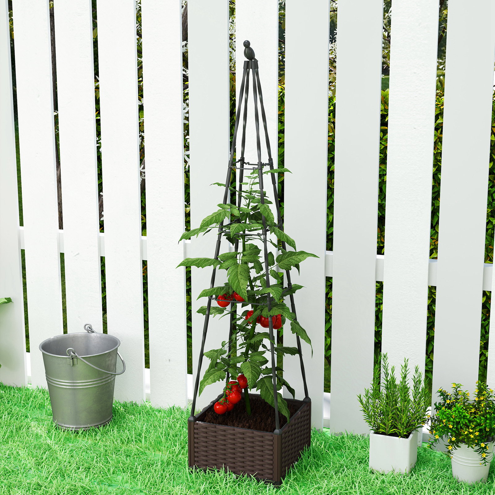 Floreira com treliça metálica para plantas trepadeiras vaso de PP com orifícios de drenagem e tampões 40x40x175 cm preto