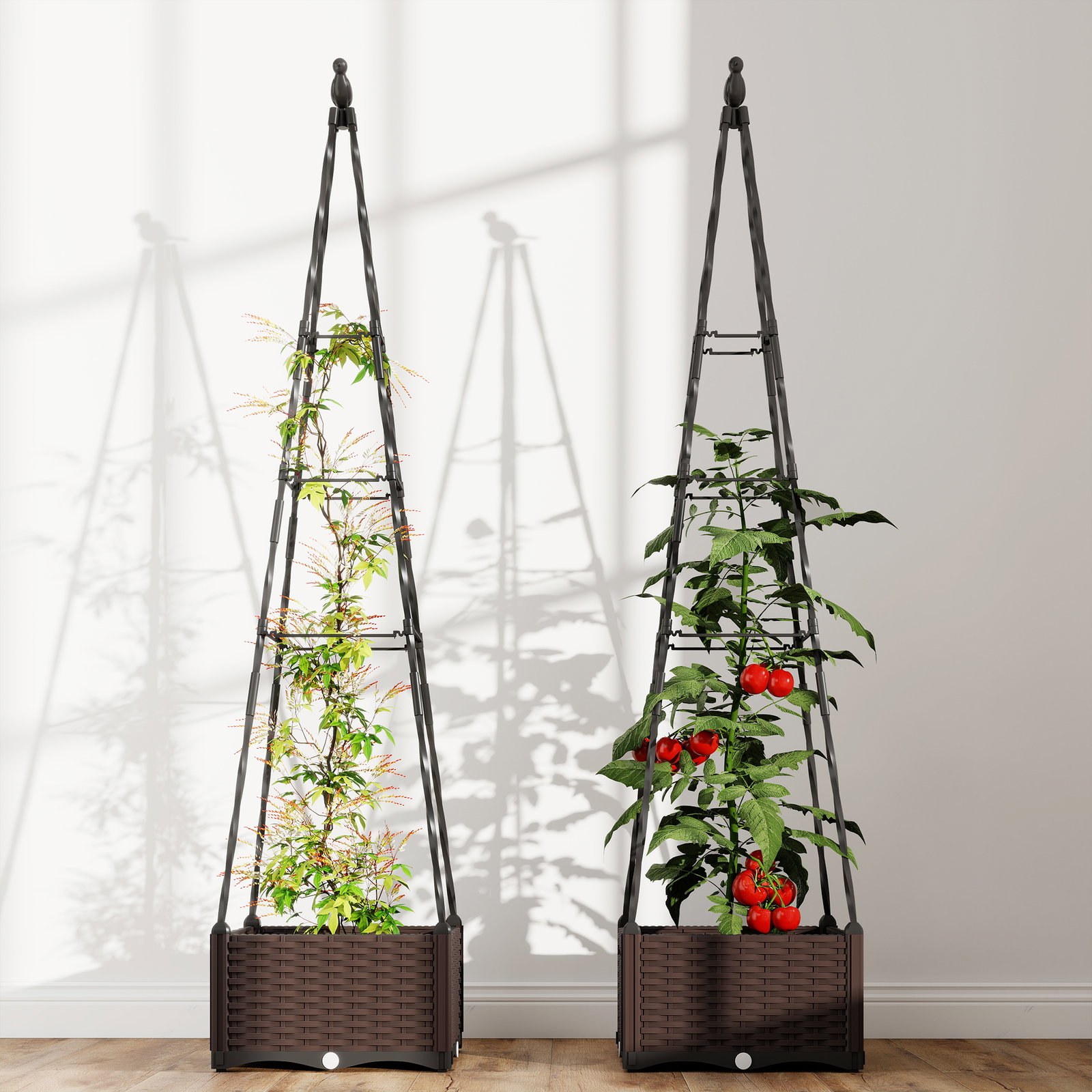 Floreira com treliça metálica para plantas trepadeiras vaso de PP com orifícios de drenagem e tampões 40x40x175 cm preto