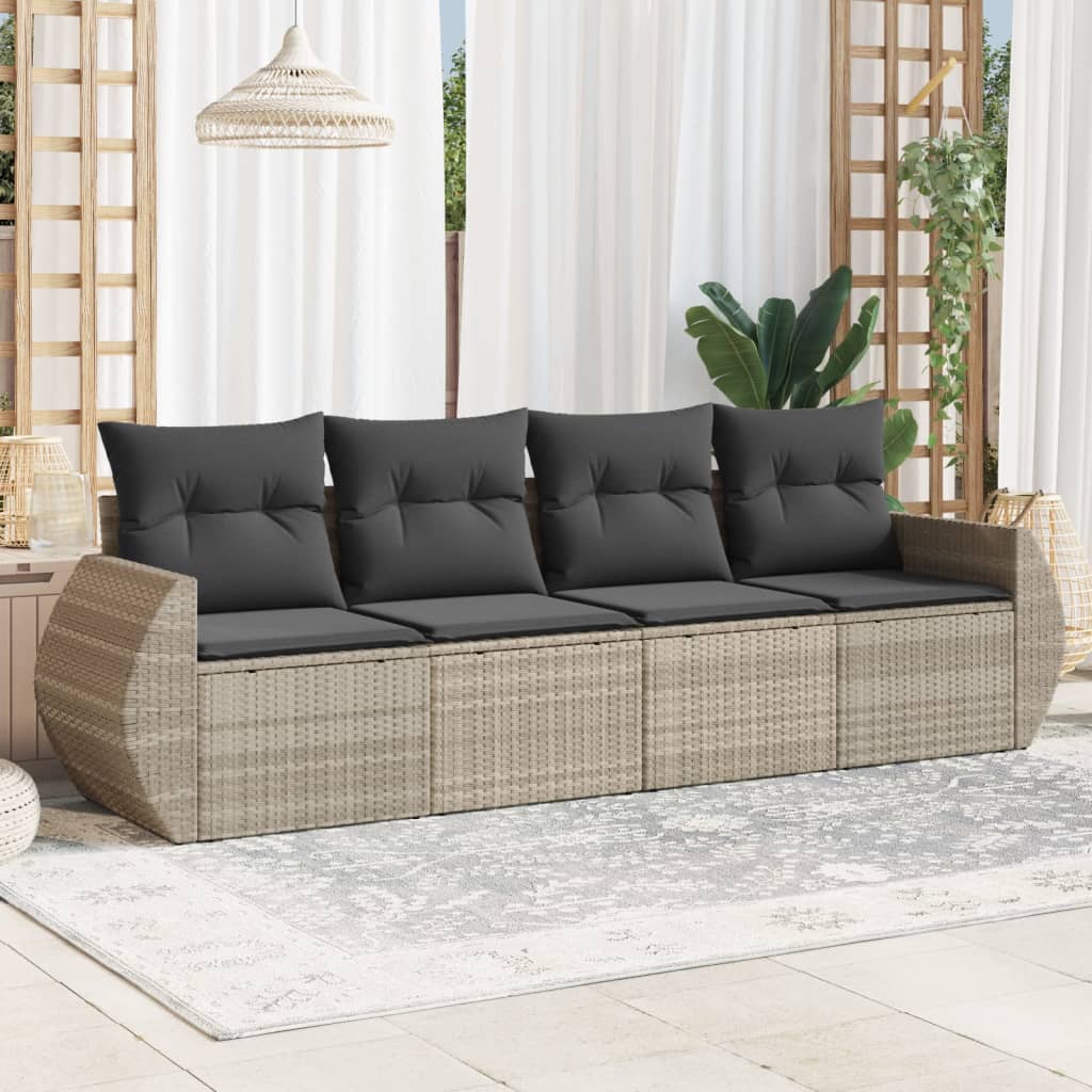 4 Pcs conj. sofás jardim c/ almofadões vime PE cinzento-claro