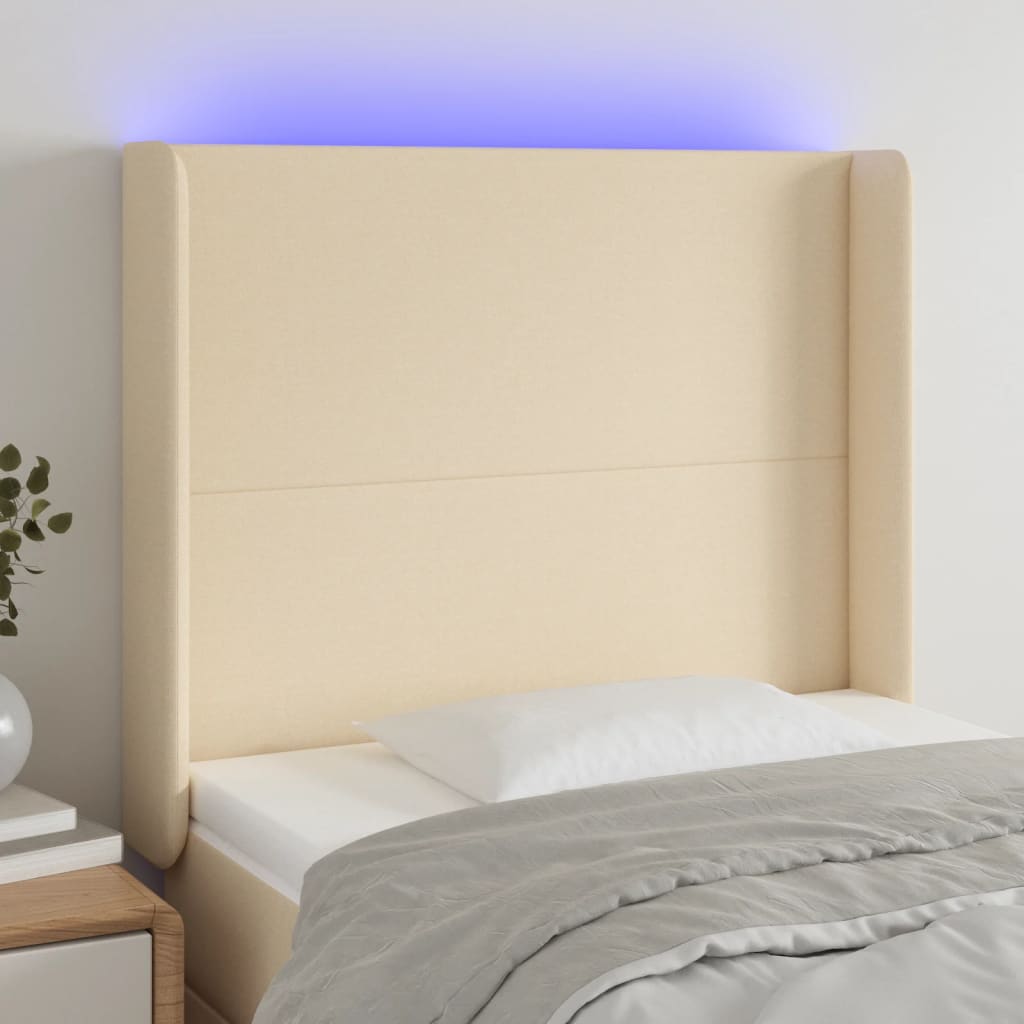 Cabeceira de cama c/ luzes LED tecido 93x16x118/128cm cor creme