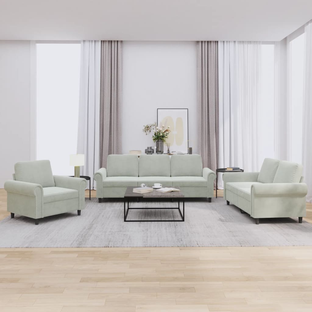 3 Pcs conjunto de sofás com almofadões veludo cinzento-claro