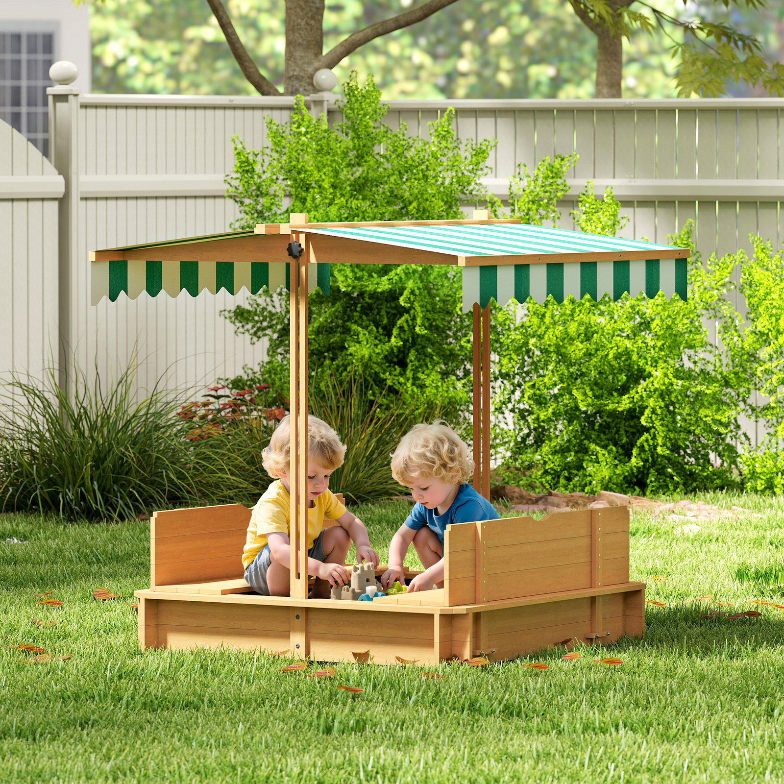 Caixa de areia para crianças de madeira com toldo ajustável em altura 2 bancos e encostos para jardim 106x106x121 cm natural