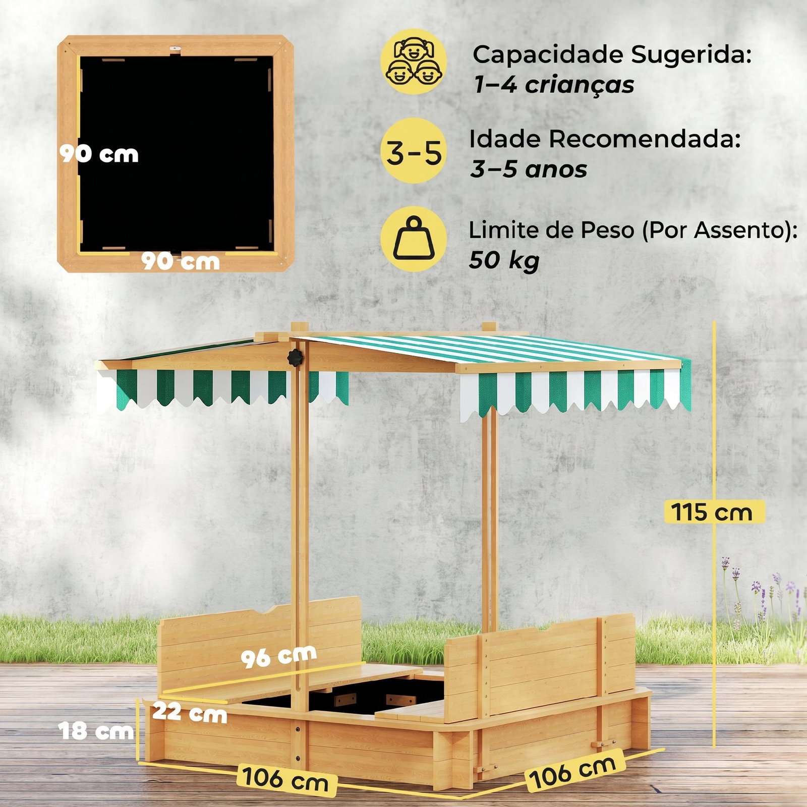 Caixa de areia para crianças de madeira com toldo ajustável em altura 2 bancos e encostos para jardim 106x106x121 cm natural