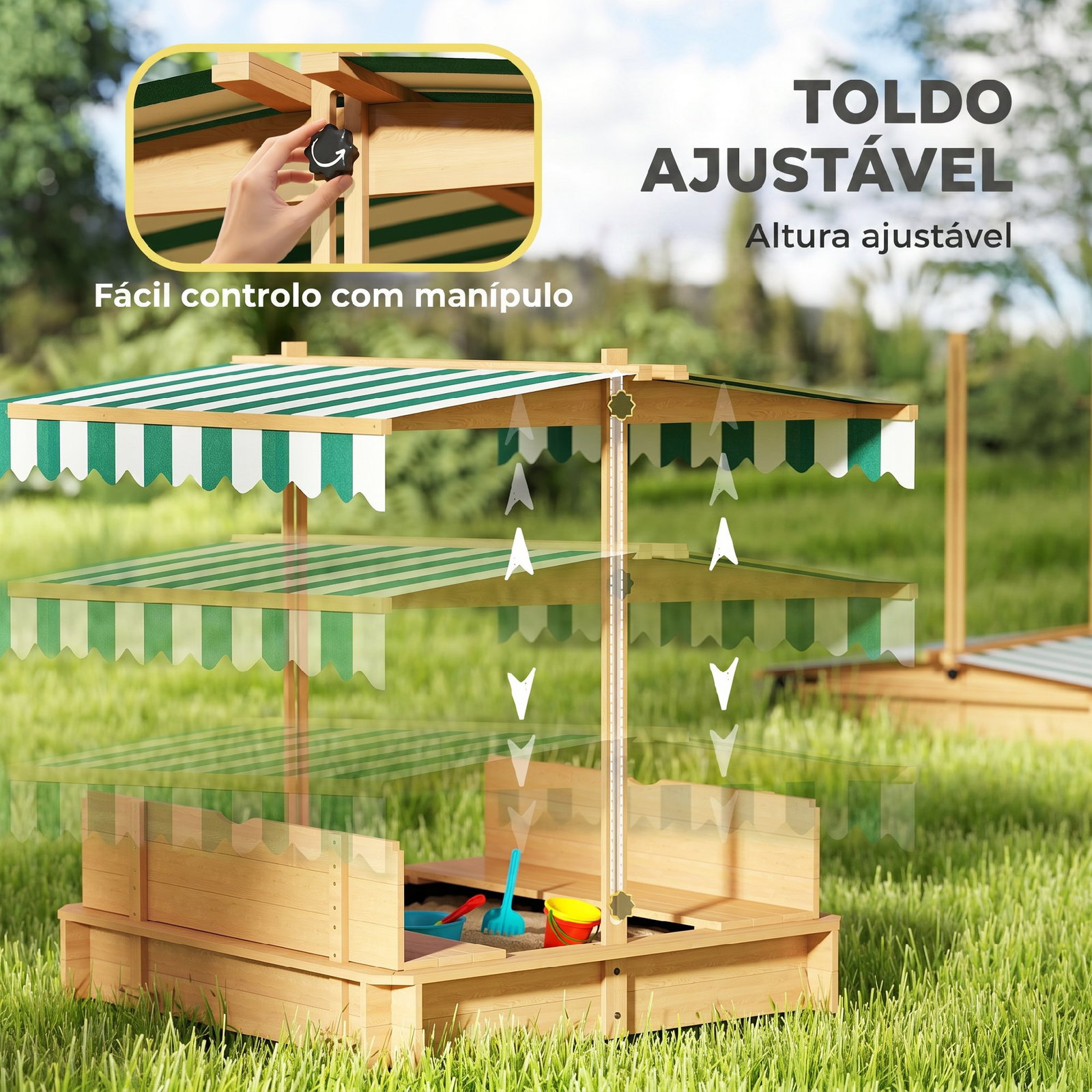 Caixa de areia para crianças de madeira com toldo ajustável em altura 2 bancos e encostos para jardim 106x106x121 cm natural