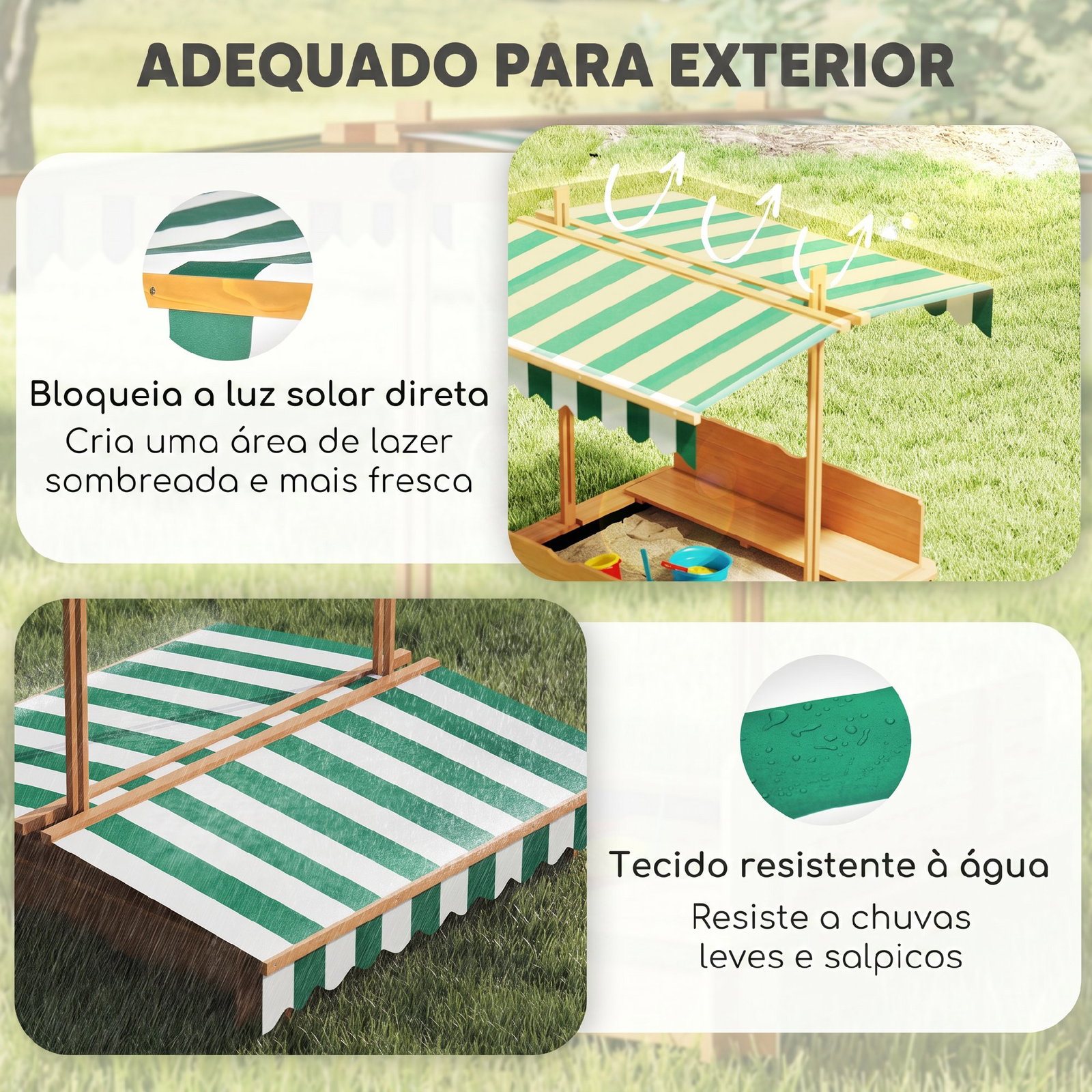 Caixa de areia para crianças de madeira com toldo ajustável em altura 2 bancos e encostos para jardim 106x106x121 cm natural