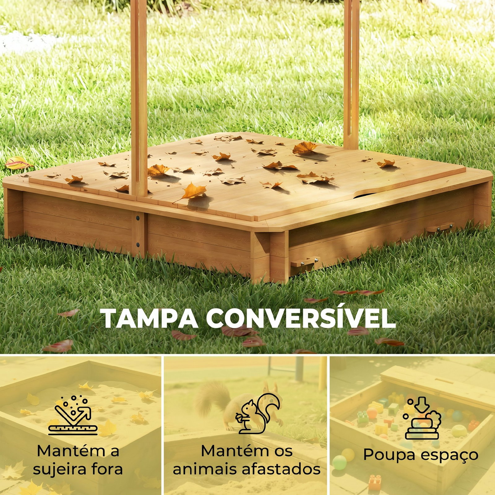 Caixa de areia para crianças de madeira com toldo ajustável em altura 2 bancos e encostos para jardim 106x106x121 cm natural