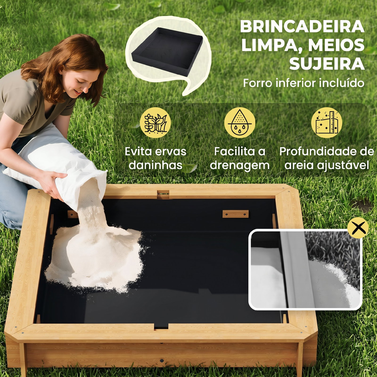 Caixa de areia para crianças de madeira com toldo ajustável em altura 2 bancos e encostos para jardim 106x106x121 cm natural