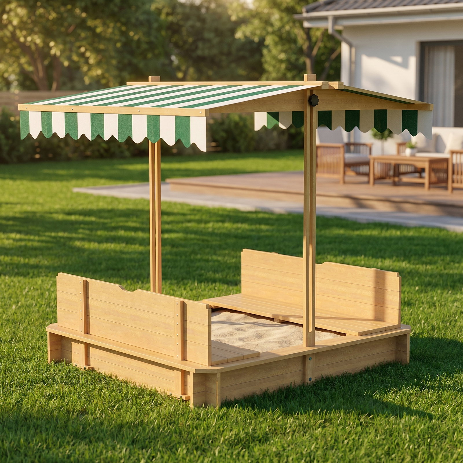Caixa de areia para crianças de madeira com toldo ajustável em altura 2 bancos e encostos para jardim 106x106x121 cm natural