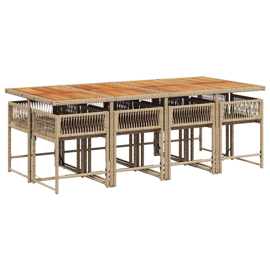 9 Pcs conjunto de jantar p/ jardim com almofadões vime PE bege