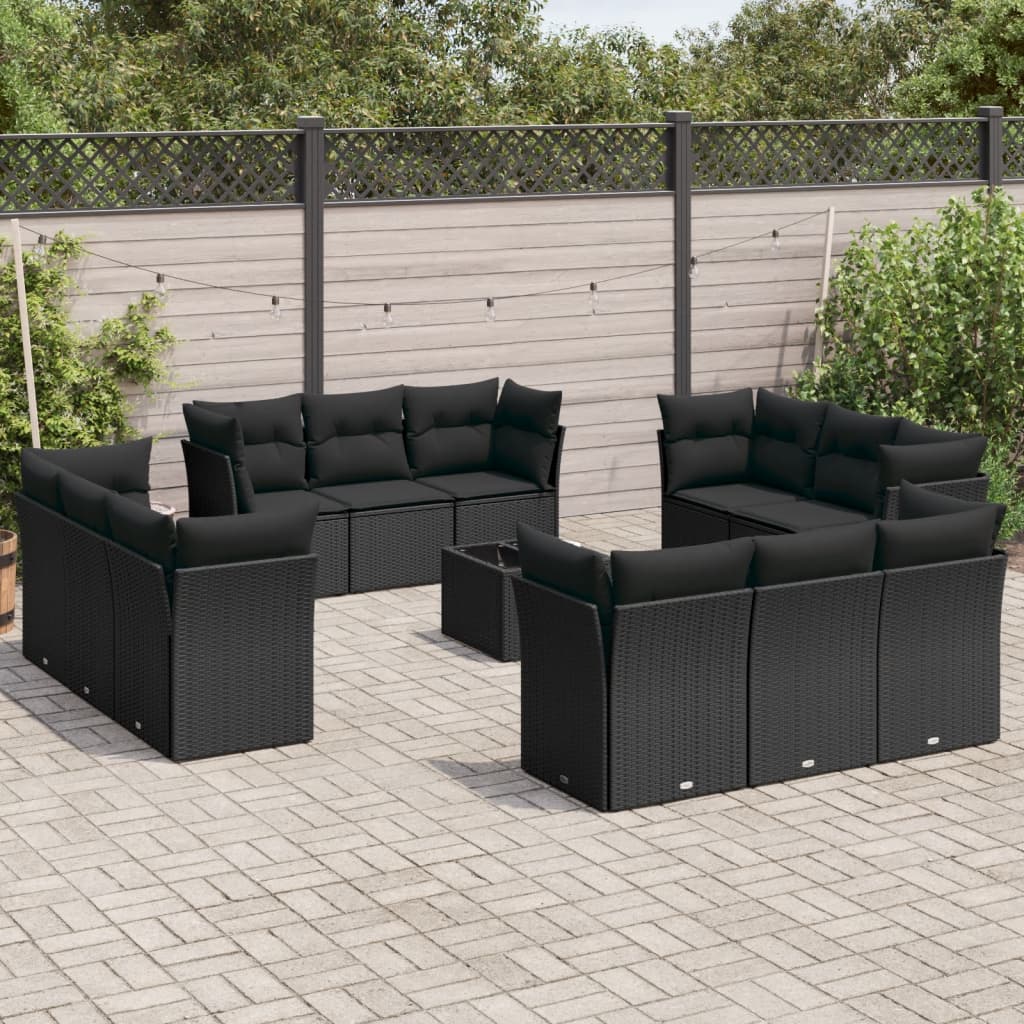 13 Pcs conjunto de sofás de jardim com almofadões vime PE preto