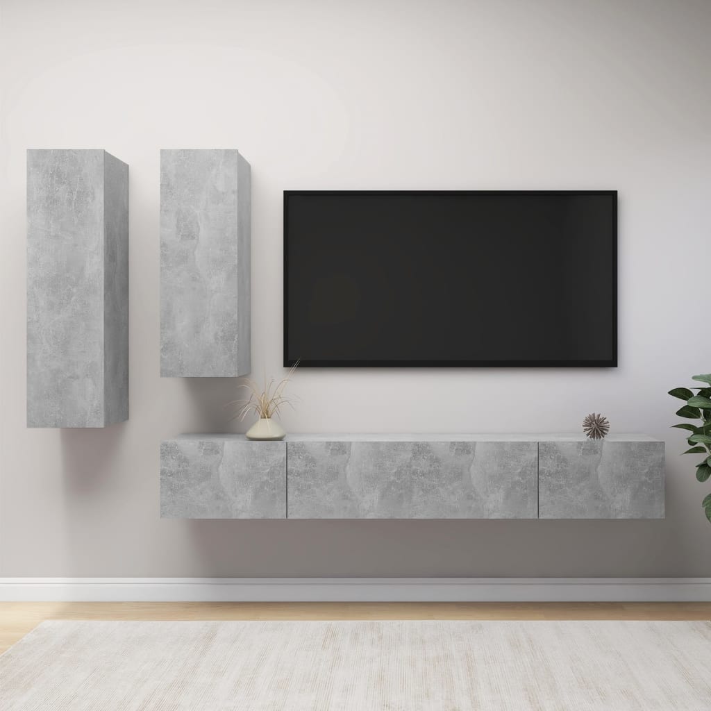 4 Pcs conjunto de móveis de TV derivados madeira cinza cimento