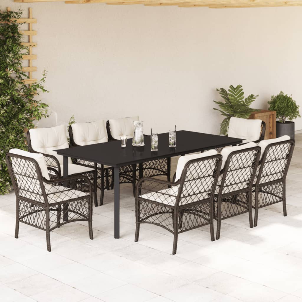 9 Pcs conjunto jantar p/ jardim c/ almofadões vime PE castanho