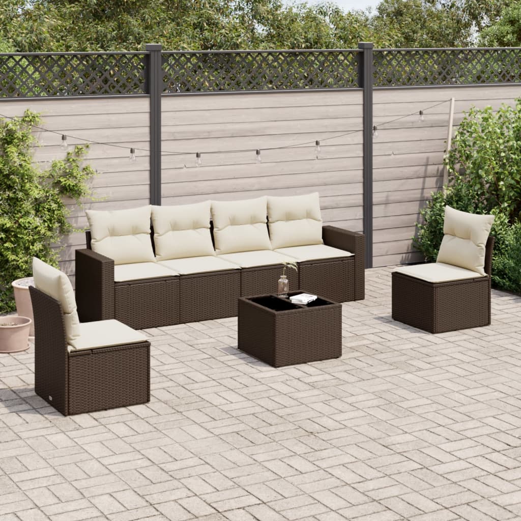 7 Pcs conjunto de sofás jardim c/ almofadões vime PE castanho