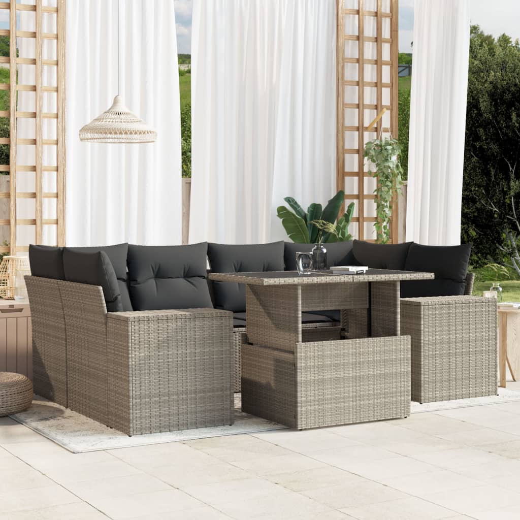 7 Pcs conj. sofás jardim com almofadões vime PE cinzento-claro