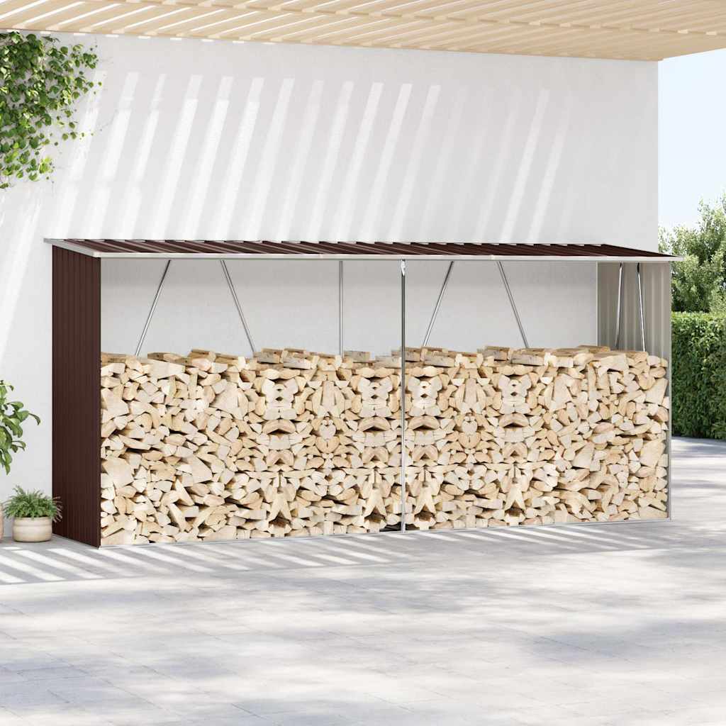 Abrigo jardim p/ arrumação de troncos aço 330x84x152cm castanho