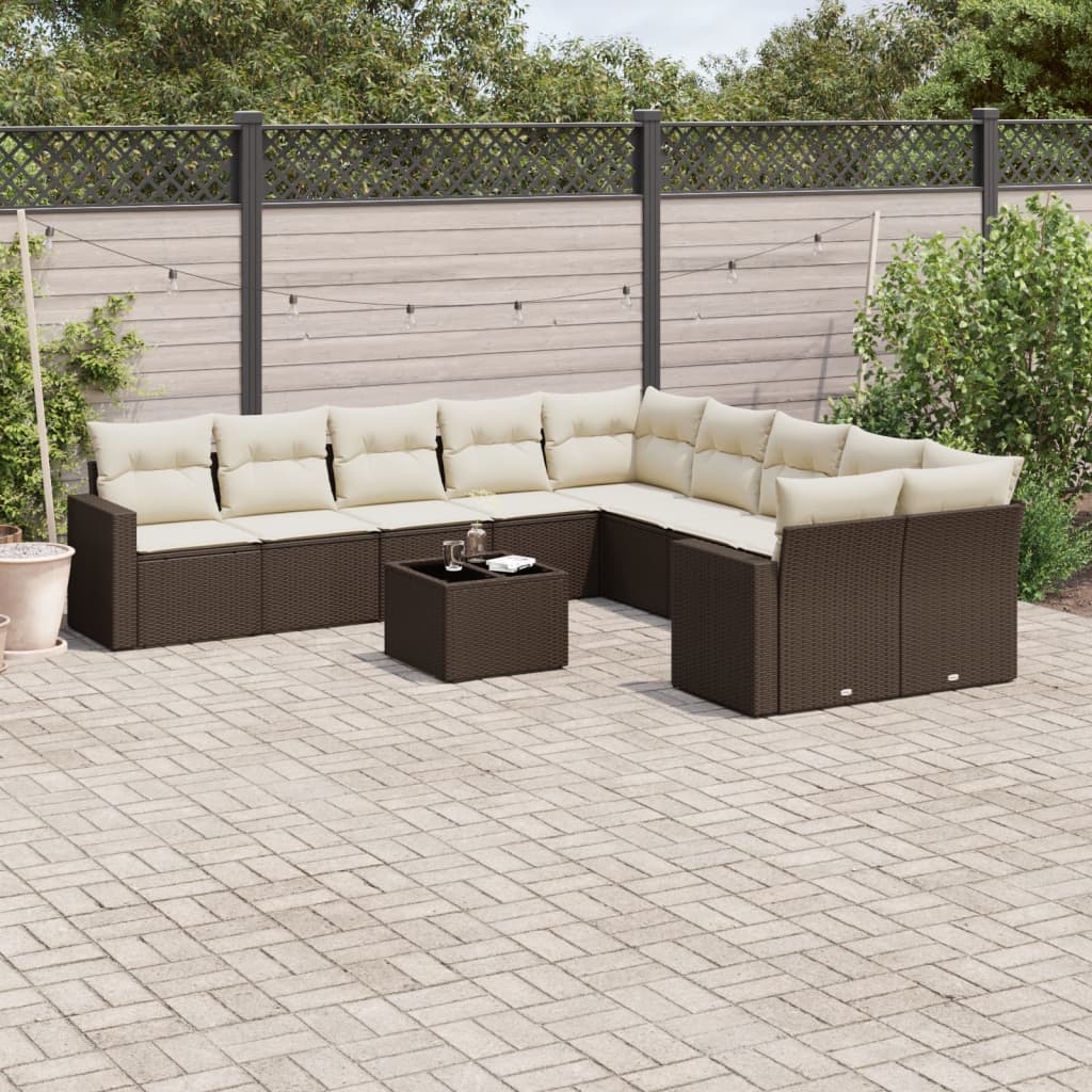 11 Pcs conjunto sofás de jardim c/ almofadões vime PE castanho