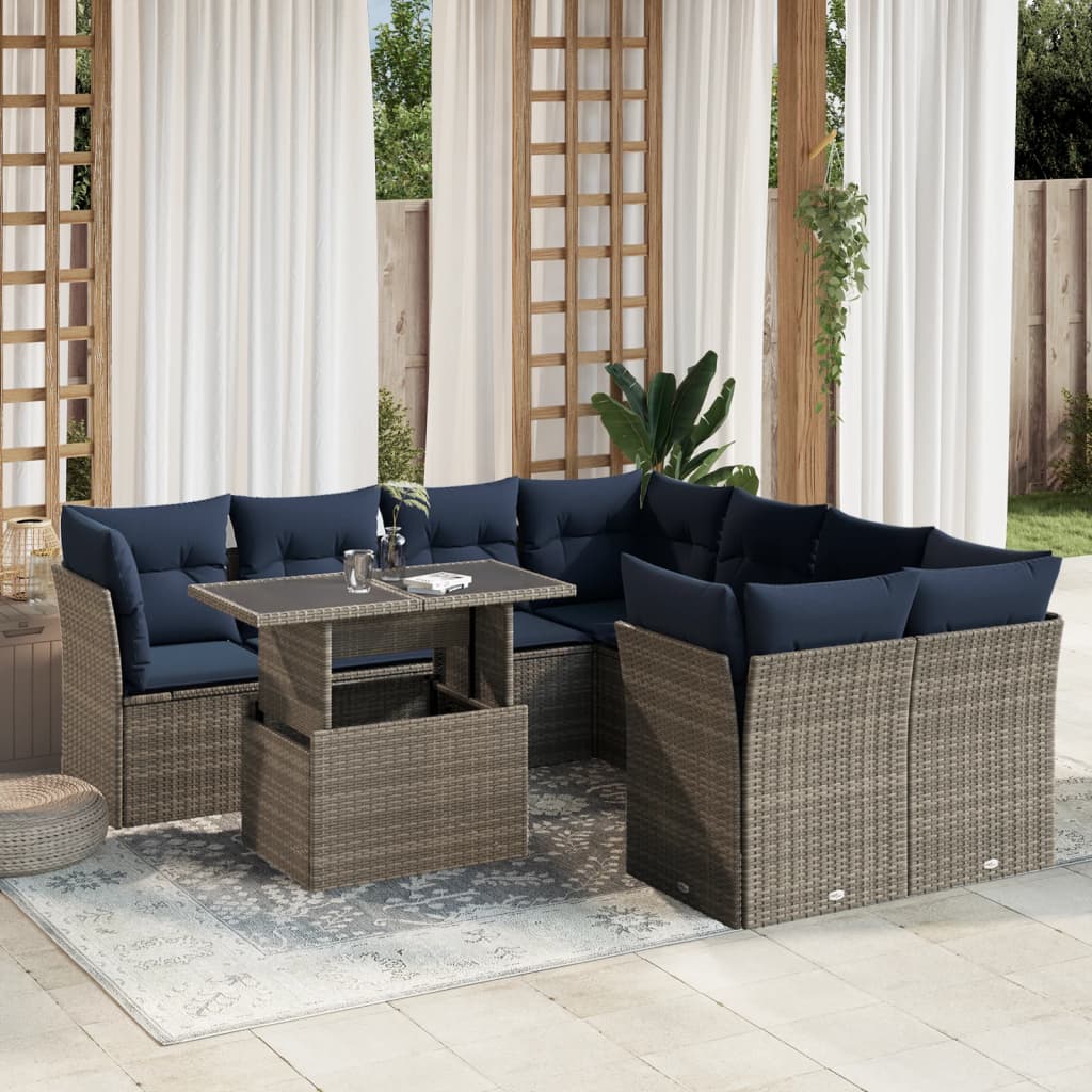 Conjunto de sofá de jardim de 9 peças com almofadas em rattan sintético cinza