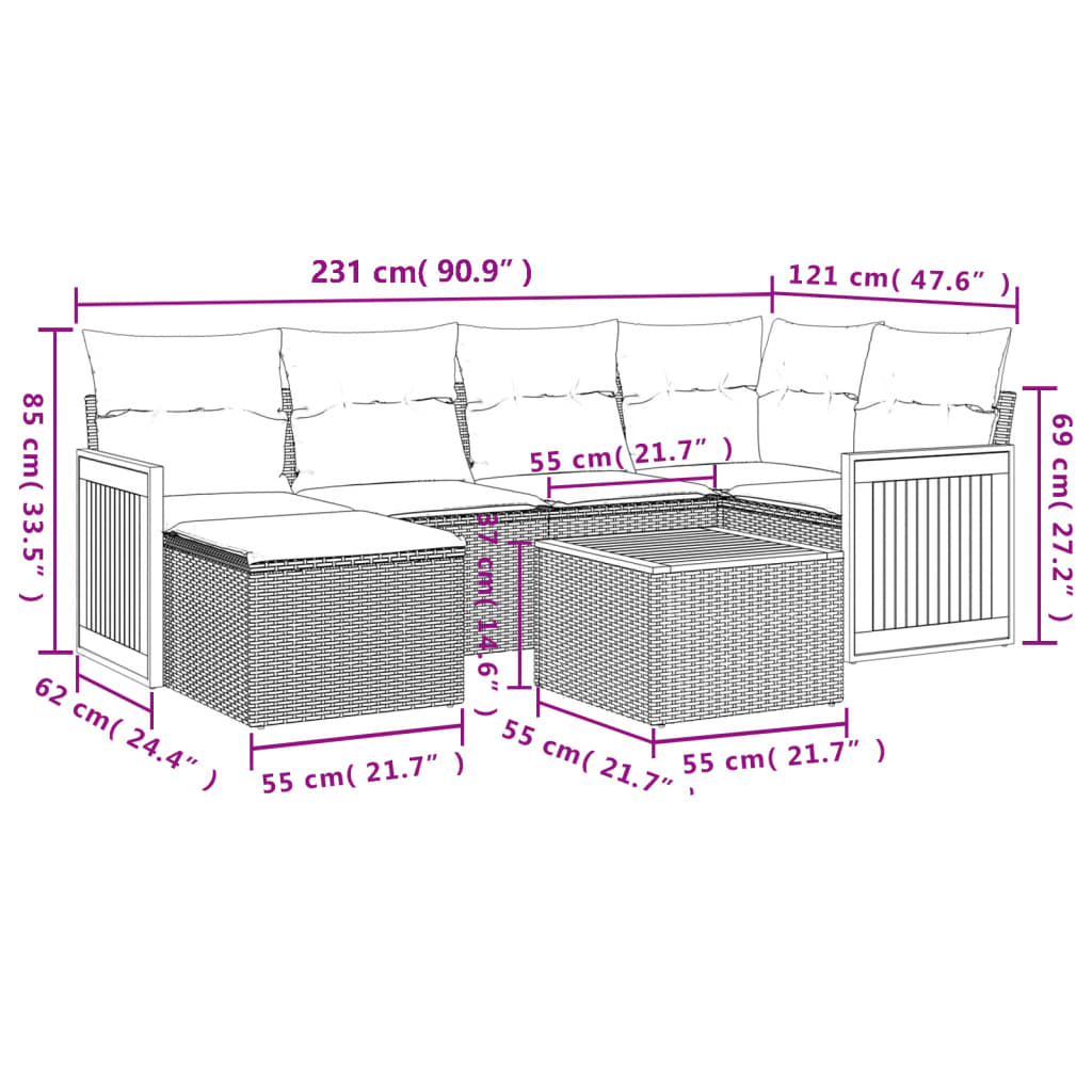 7 Pcs conjunto de sofás p/ jardim com almofadões vime PE bege