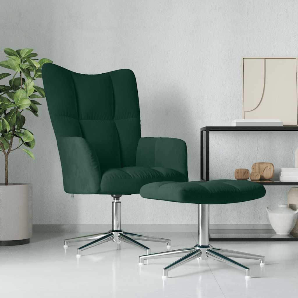 Cadeira de descanso com banco veludo verde-escuro