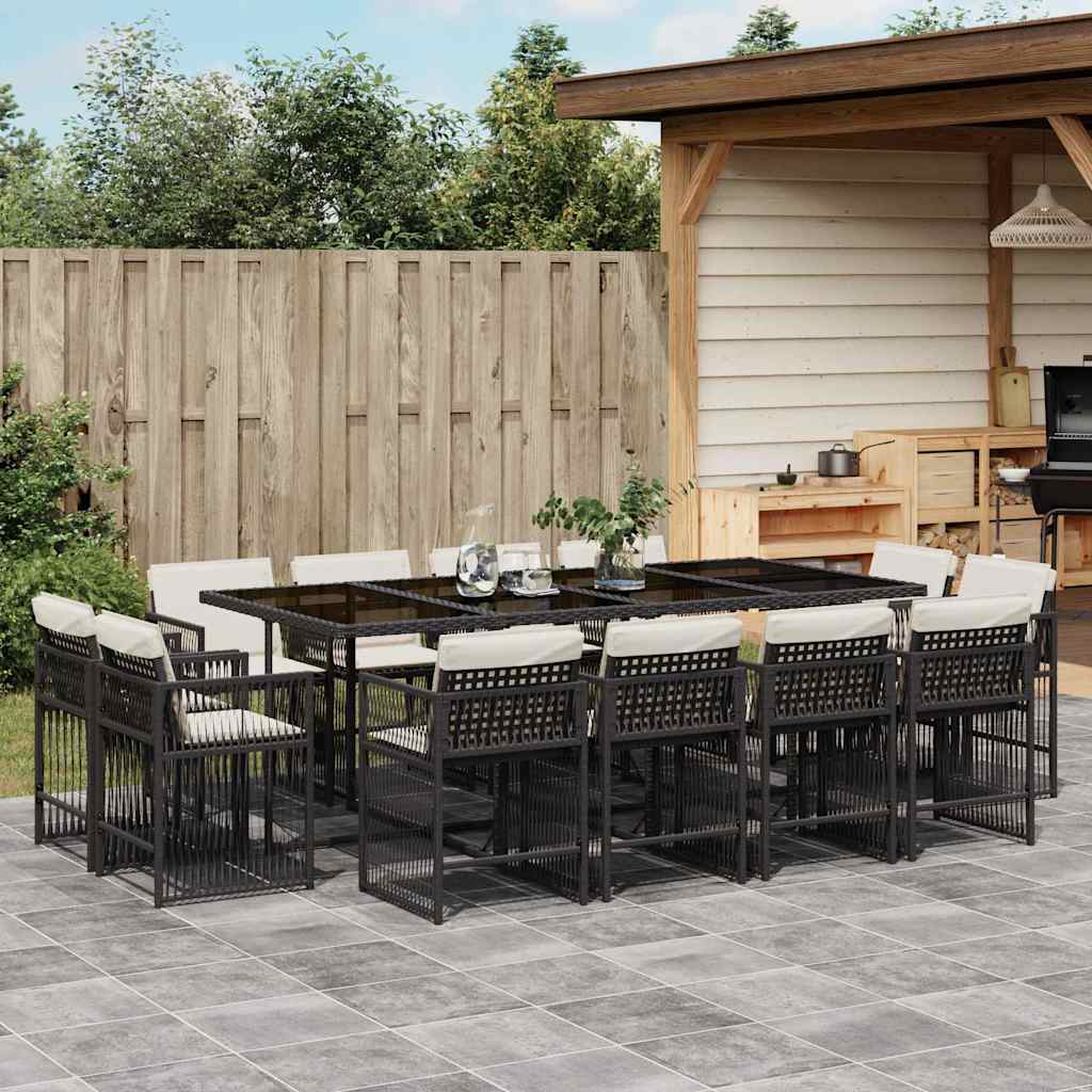 13 Pcs conjunto de jantar p/jardim com almofadões vime PE preto