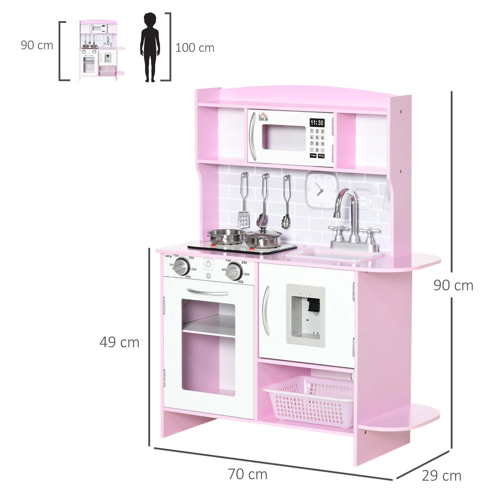 Cozinha infantil para crianças acima de 3 anos cozinha infantil com luzes sons lavatório fogão e forno 70x29x90cm rosa