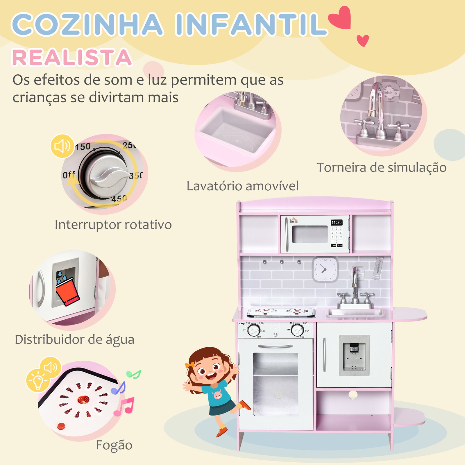 Cozinha infantil para crianças acima de 3 anos cozinha infantil com luzes sons lavatório fogão e forno 70x29x90cm rosa