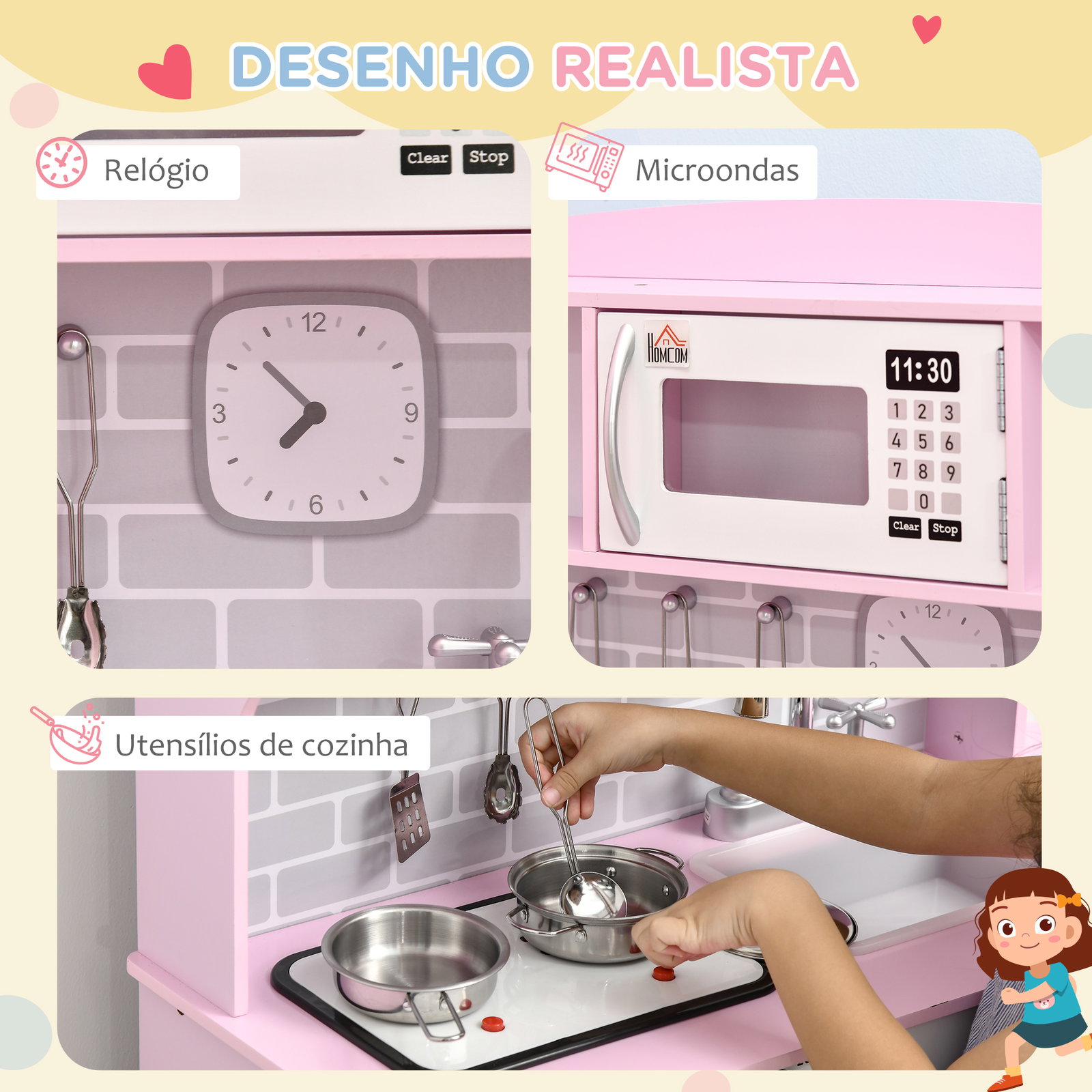 Cozinha infantil para crianças acima de 3 anos cozinha infantil com luzes sons lavatório fogão e forno 70x29x90cm rosa