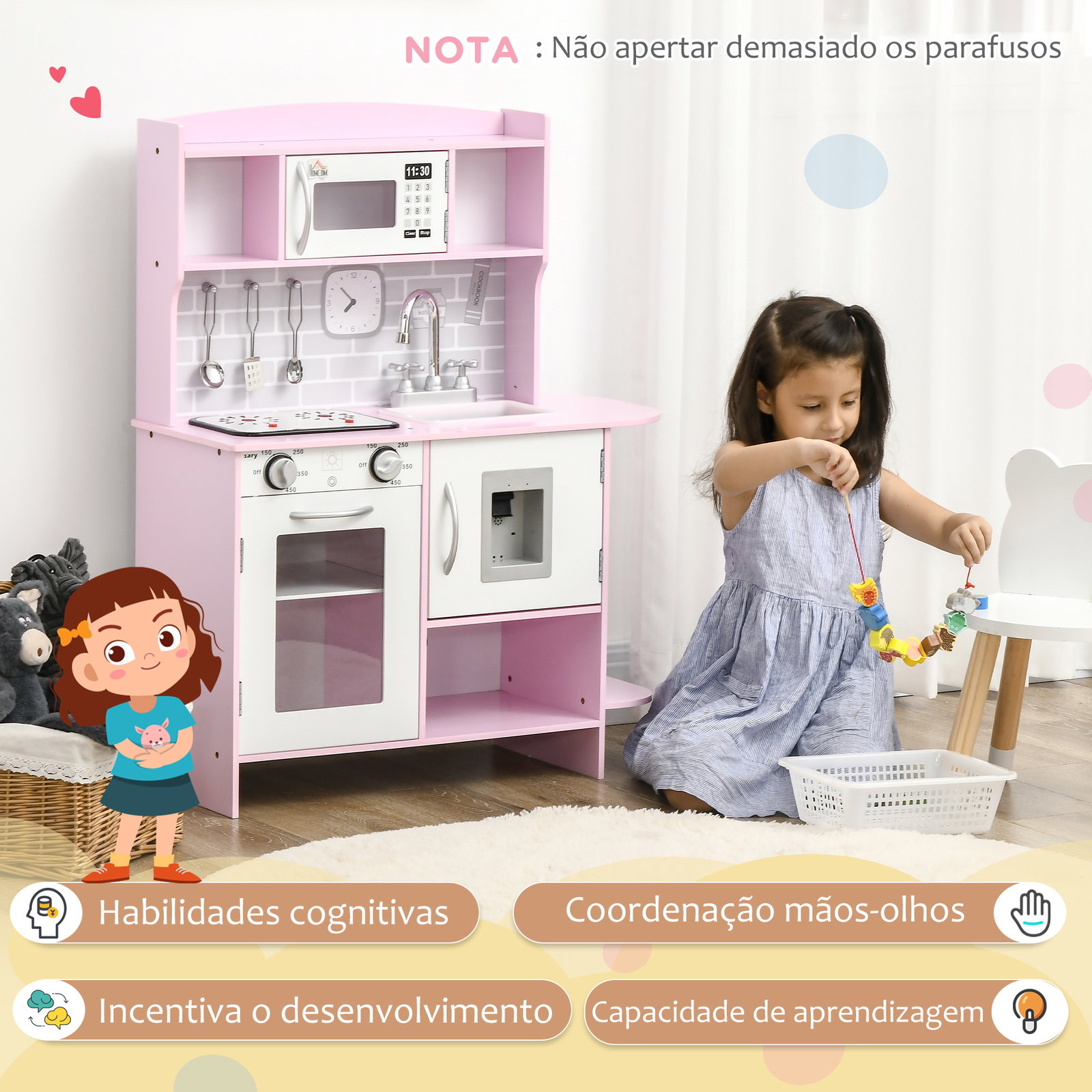 Cozinha infantil para crianças acima de 3 anos cozinha infantil com luzes sons lavatório fogão e forno 70x29x90cm rosa