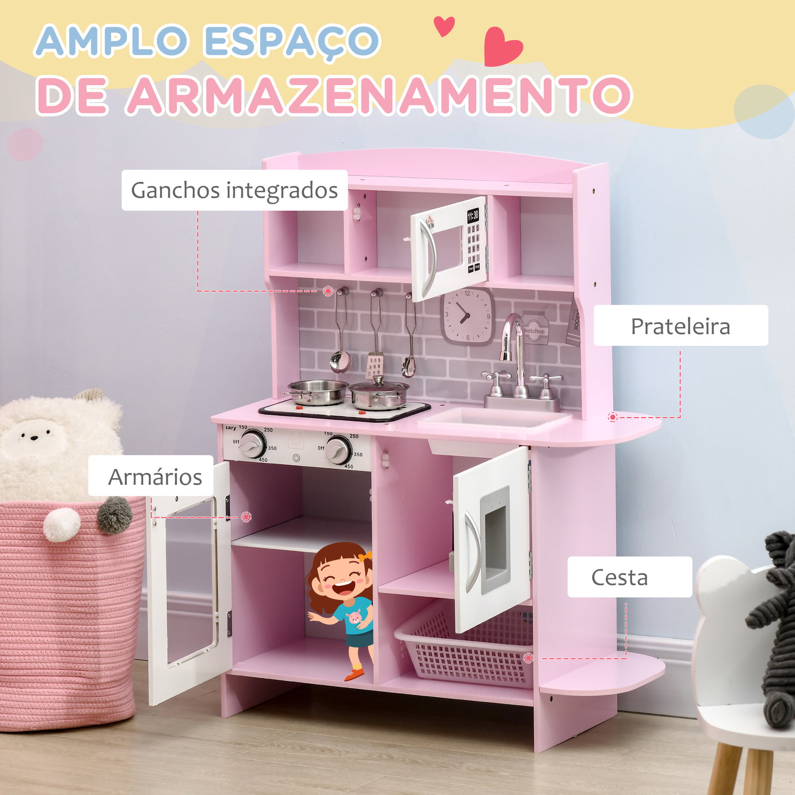 Cozinha infantil para crianças acima de 3 anos cozinha infantil com luzes sons lavatório fogão e forno 70x29x90cm rosa