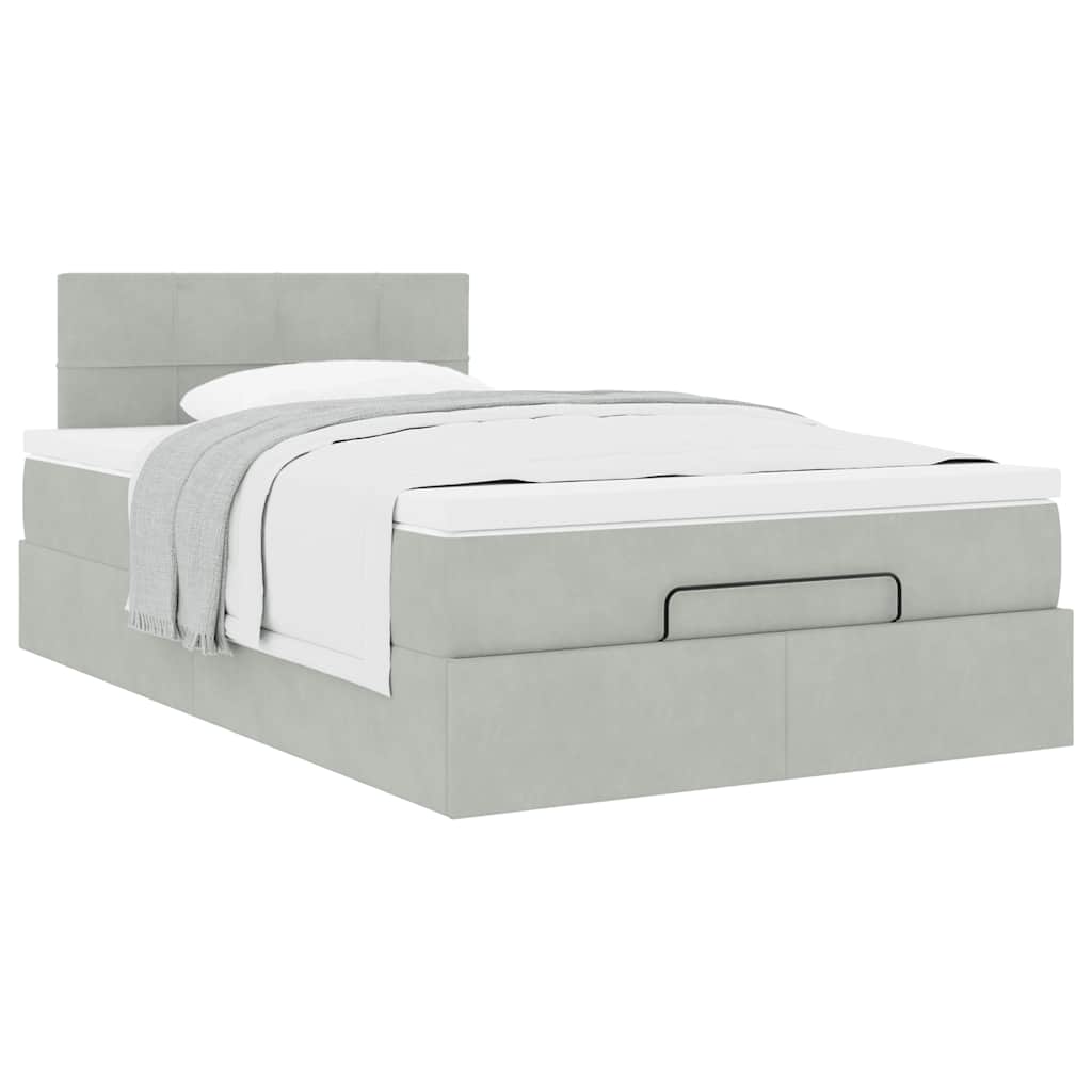 Estrutura de cama otomana com colchão cinza claro veludo