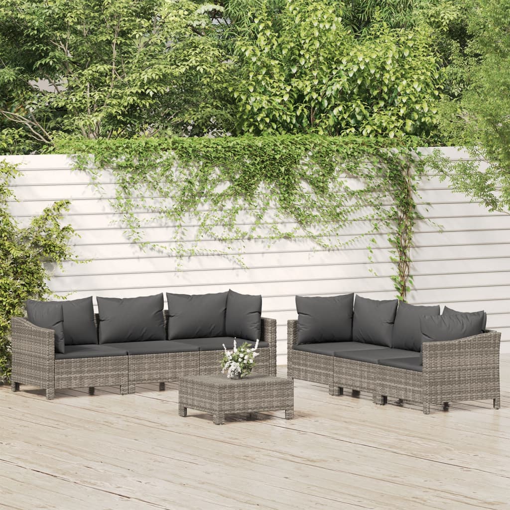 7 Pcs conjunto lounge de jardim c/ almofadões vime PE cinzento