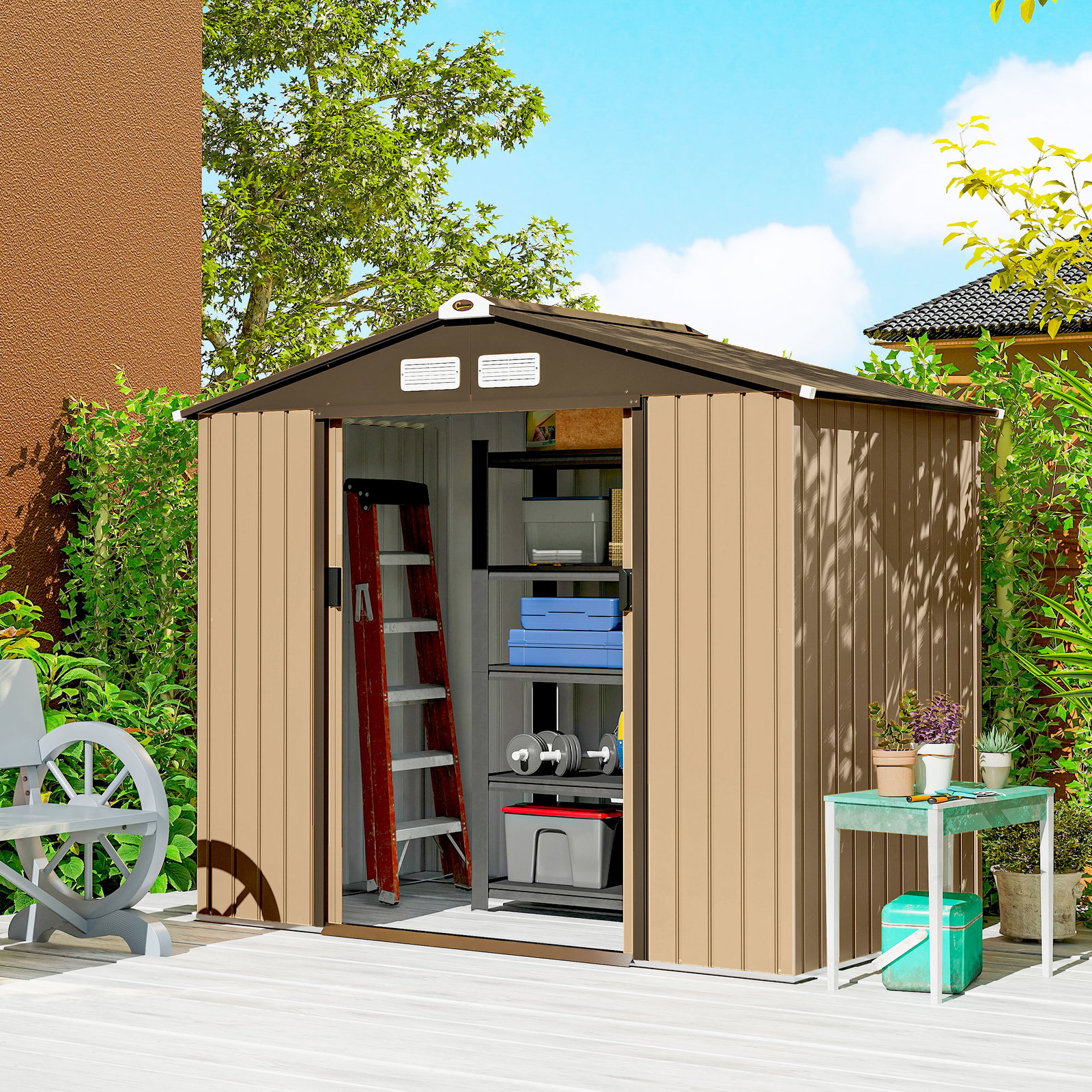 Abrigo de jardim exterior 2,42 m² 213x130x185 cm com porta de correr, ventilação e luvas, amarelo