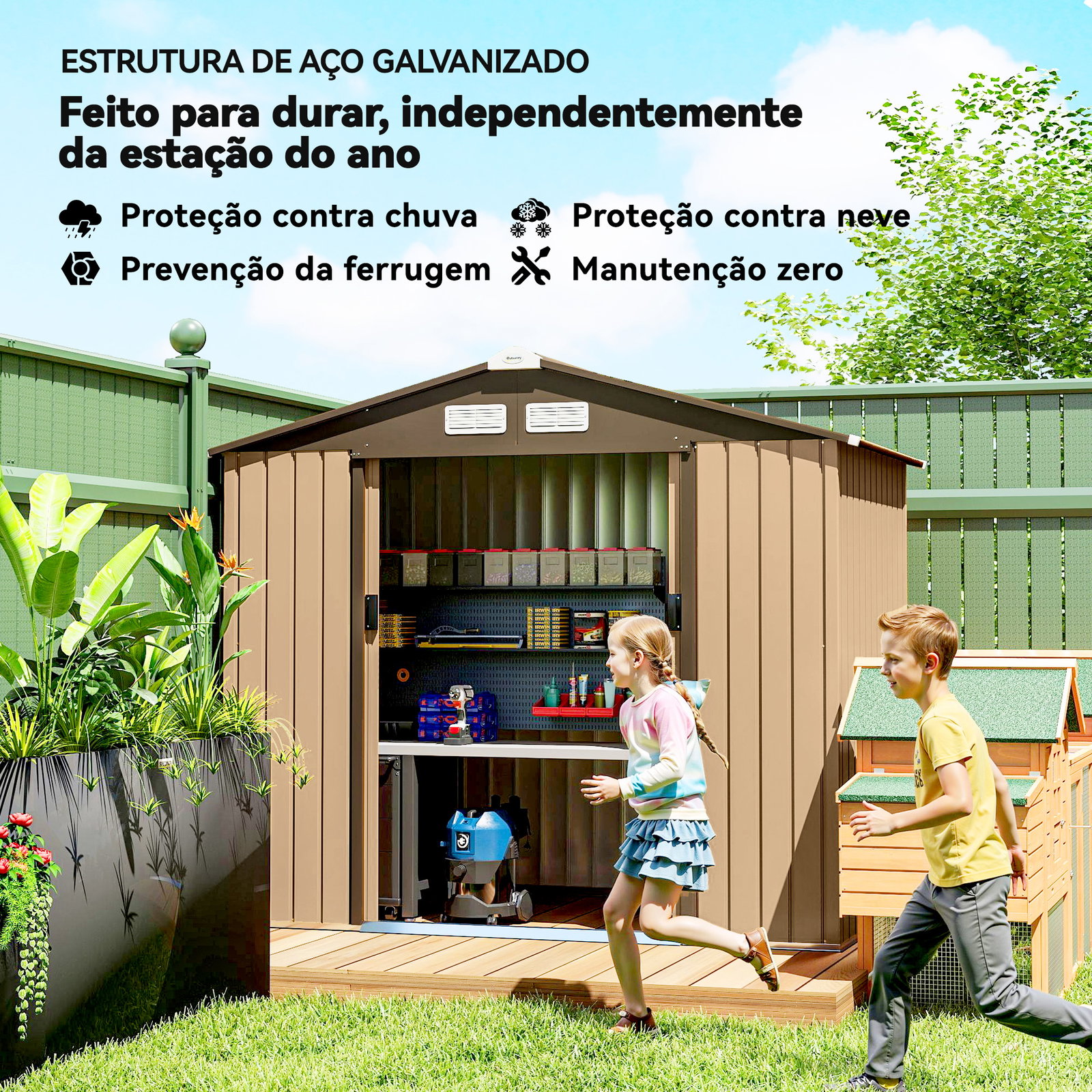 Abrigo de jardim exterior 2,42 m² 213x130x185 cm com porta de correr, ventilação e luvas, amarelo