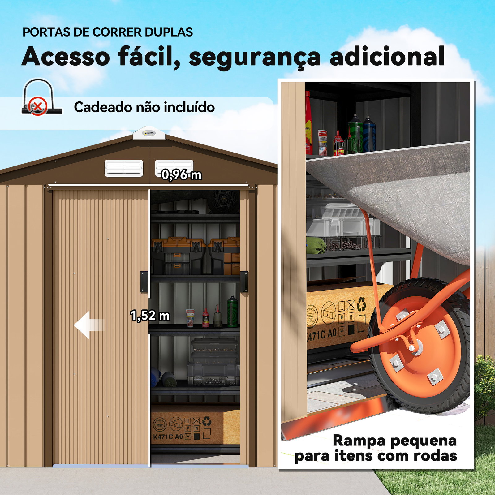 Abrigo de jardim exterior 2,42 m² 213x130x185 cm com porta de correr, ventilação e luvas, amarelo