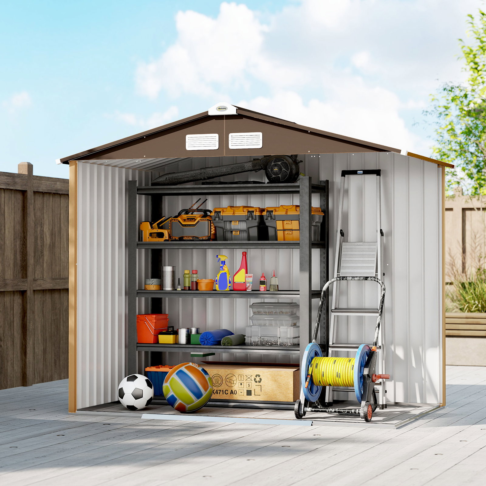 Abrigo de jardim exterior 2,42 m² 213x130x185 cm com porta de correr, ventilação e luvas, amarelo