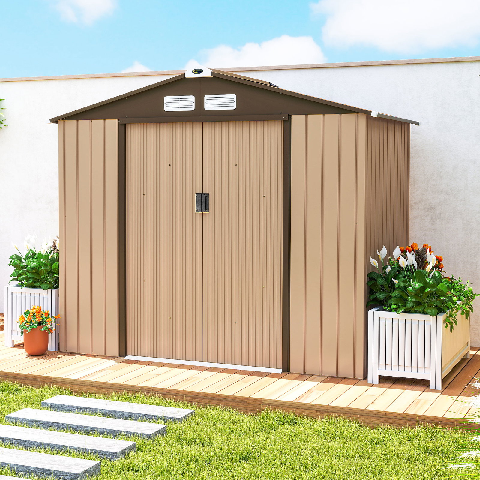 Abrigo de jardim exterior 2,42 m² 213x130x185 cm com porta de correr, ventilação e luvas, amarelo